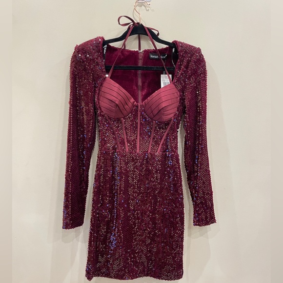 NWT Lavish Alice Sequin Corset Sweetheart Mini Dress, Burgundy, Size UK 8/ US 4 - Picture 9 of 16